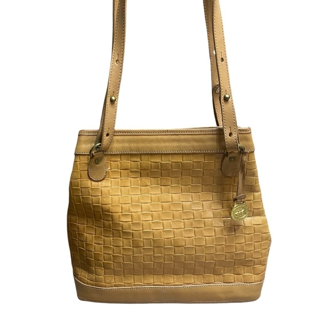 Brahmin Tan Leather Weave Textured Top Carry Shoulder Bag Vintage Bucket Bag